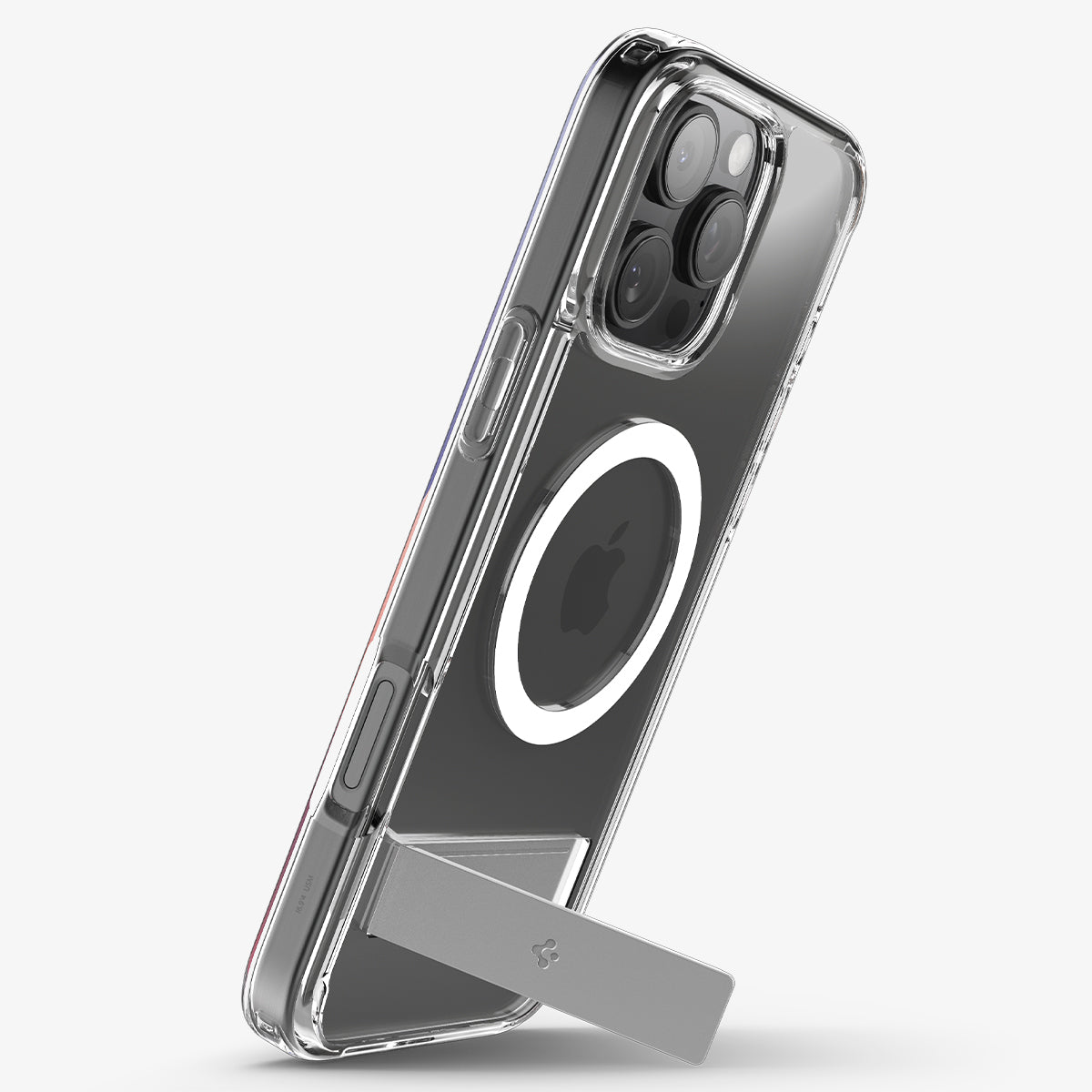 ACS08142 - iPhone 16 Pro Case Ultra Hybrid S (MagFit) in Crystal Clear showing the back, partial side propped up with a built-in kickstand in portrait style
