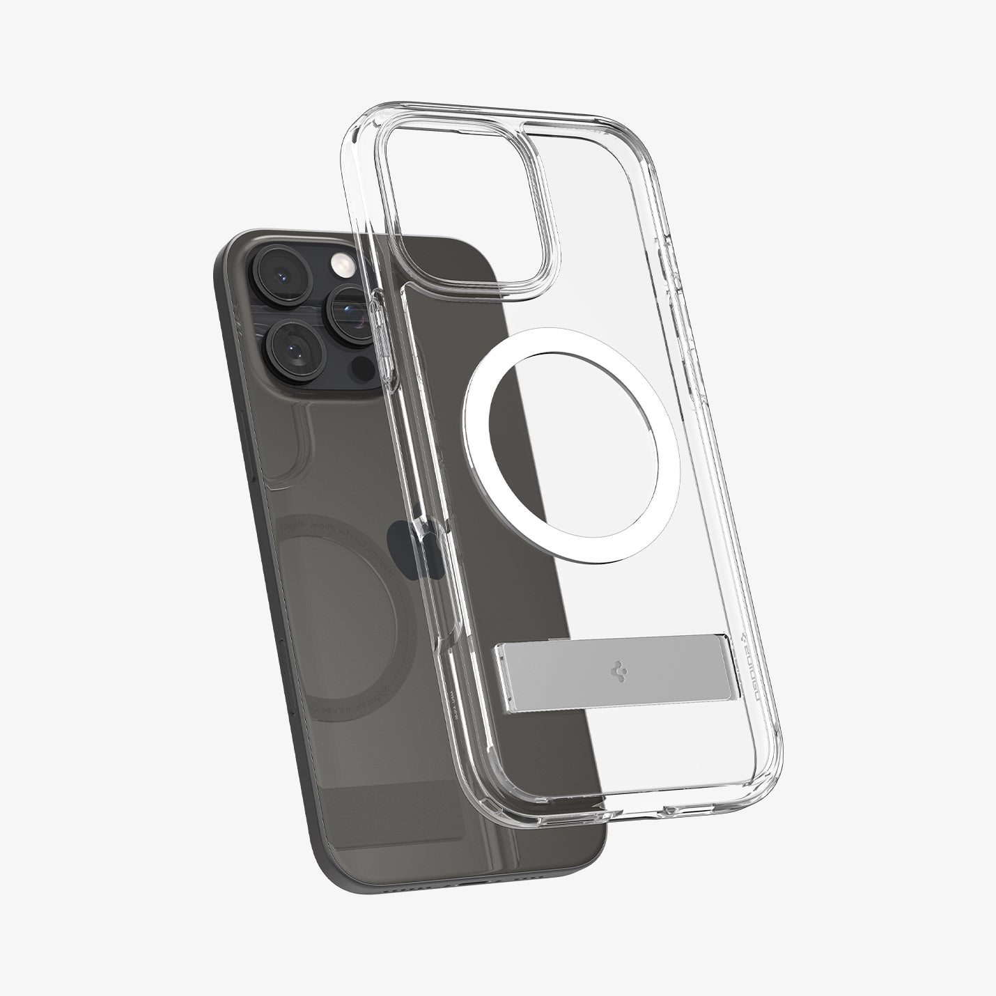 ACS08142 - iPhone 16 Pro Case Ultra Hybrid S (MagFit) in Crystal Clear showing the back, hovering in front of a device