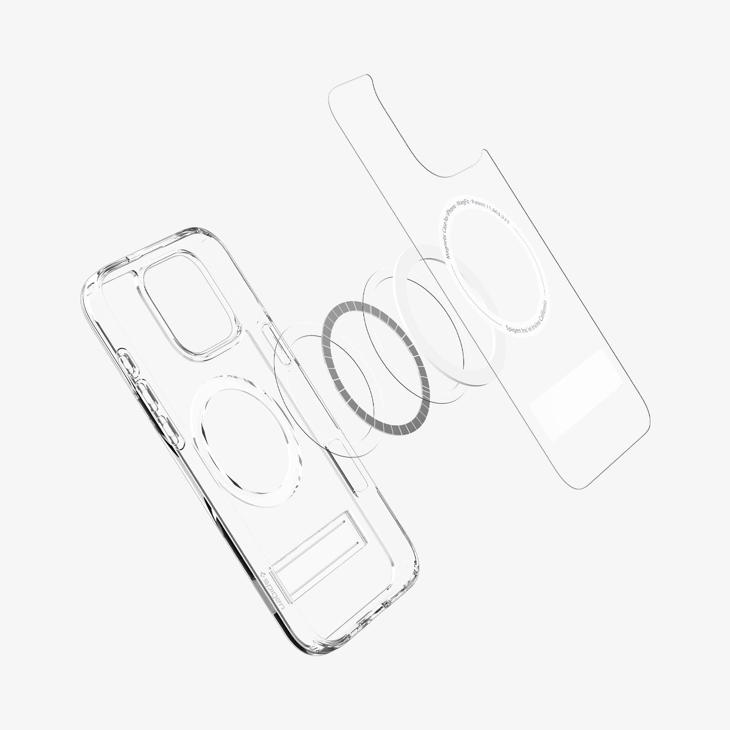 ACS08142 - iPhone 16 Pro Case Ultra Hybrid S (MagFit) in Crystal Clear showing the back cover detached, hovering in front of the magsafe ring metal plate and the case showing inner side