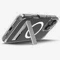 ACS08142 - iPhone 16 Pro Case Ultra Hybrid S (MagFit) in Crystal Clear showing the back, partial sides and bottom, propped up with a built-in kickstand
