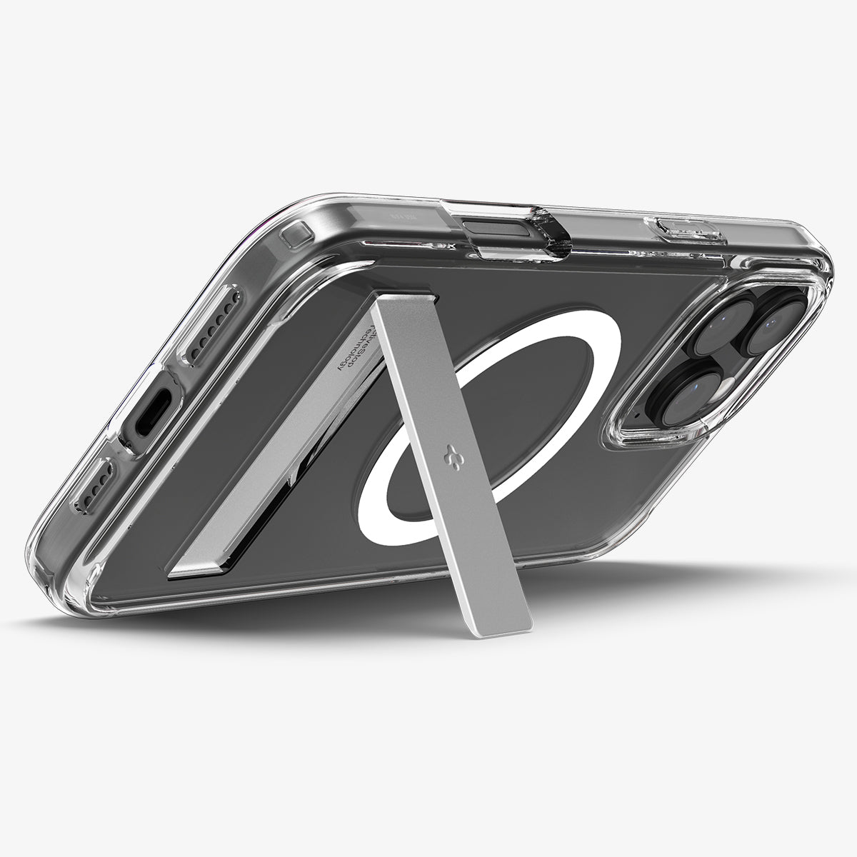 ACS08142 - iPhone 16 Pro Case Ultra Hybrid S (MagFit) in Crystal Clear showing the back, partial sides and bottom, propped up with a built-in kickstand