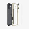 ACS08073 - iPhone 16 Plus Case Ultra Hybrid in Mute Beige showing the back, detached from the frame of the case aligned with the device