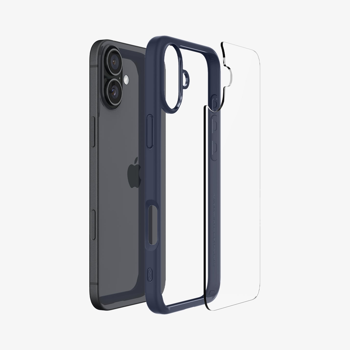 ACS08202 - iPhone 16 Case Ultra Hybrid in Navy Blue showing the back, detached from the frame of the case aligned with the device