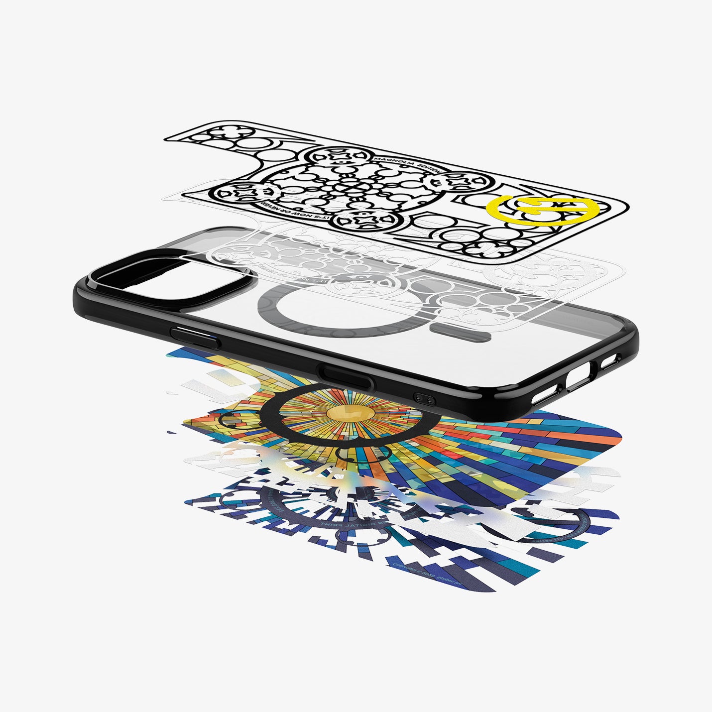 ACS09227 - iPhone 16 Pro Max Case c11 Series Magnolia Edition (MagFit + Camera Control) showing the back layer hovering above the 2nd layer of the back cover design, phone case and the inner cover design 