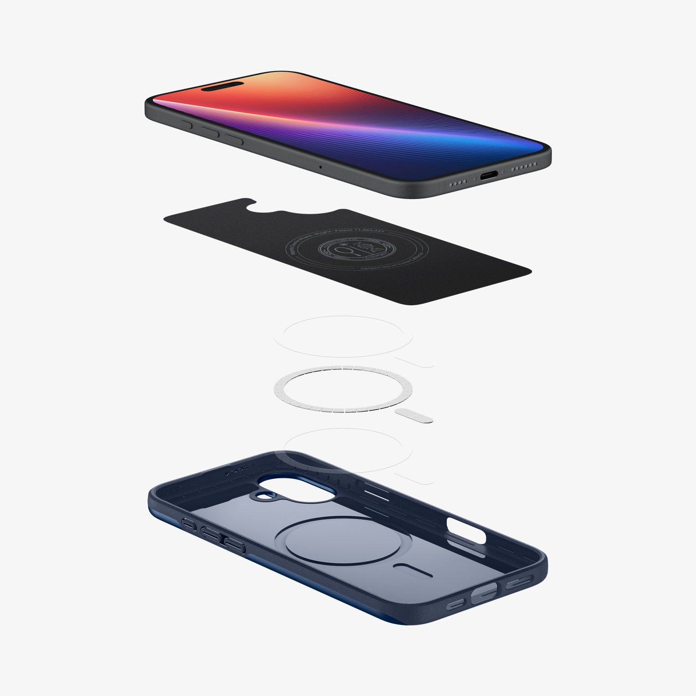 ACS08187 - iPhone 16 Case Thin Fit (MagFit) in Navy Blue showing the device hovering above the detached inner layer, metal ring plate and the case