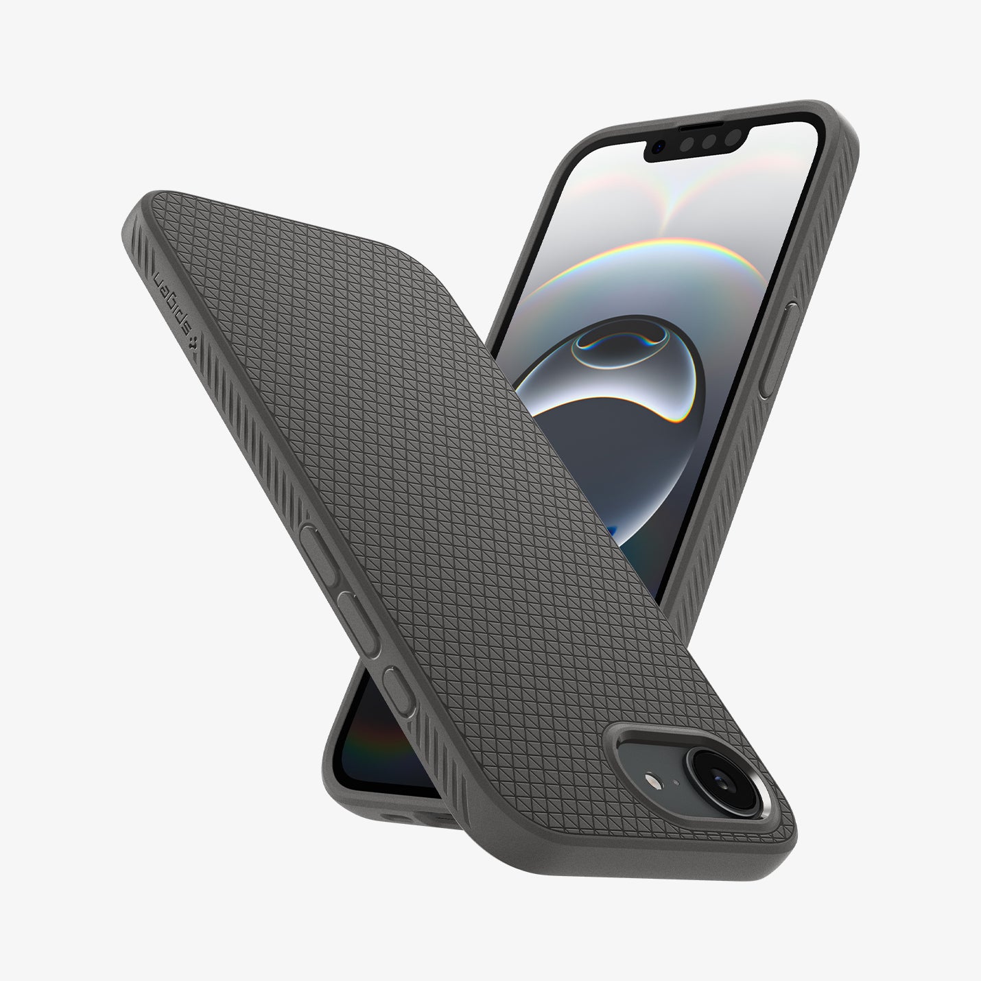 ACS09532 - iPhone 16e Case Liquid Air in Marble Gray showing the partial back and side (upside down) and another device showing partial front and side