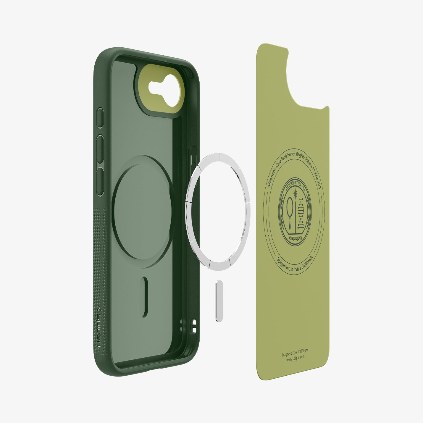 ACS09157 - iPhone 16e Case Nano Pop (MagFit) in Avo Green showing the inner hovering in front of the detached metal ring and the case