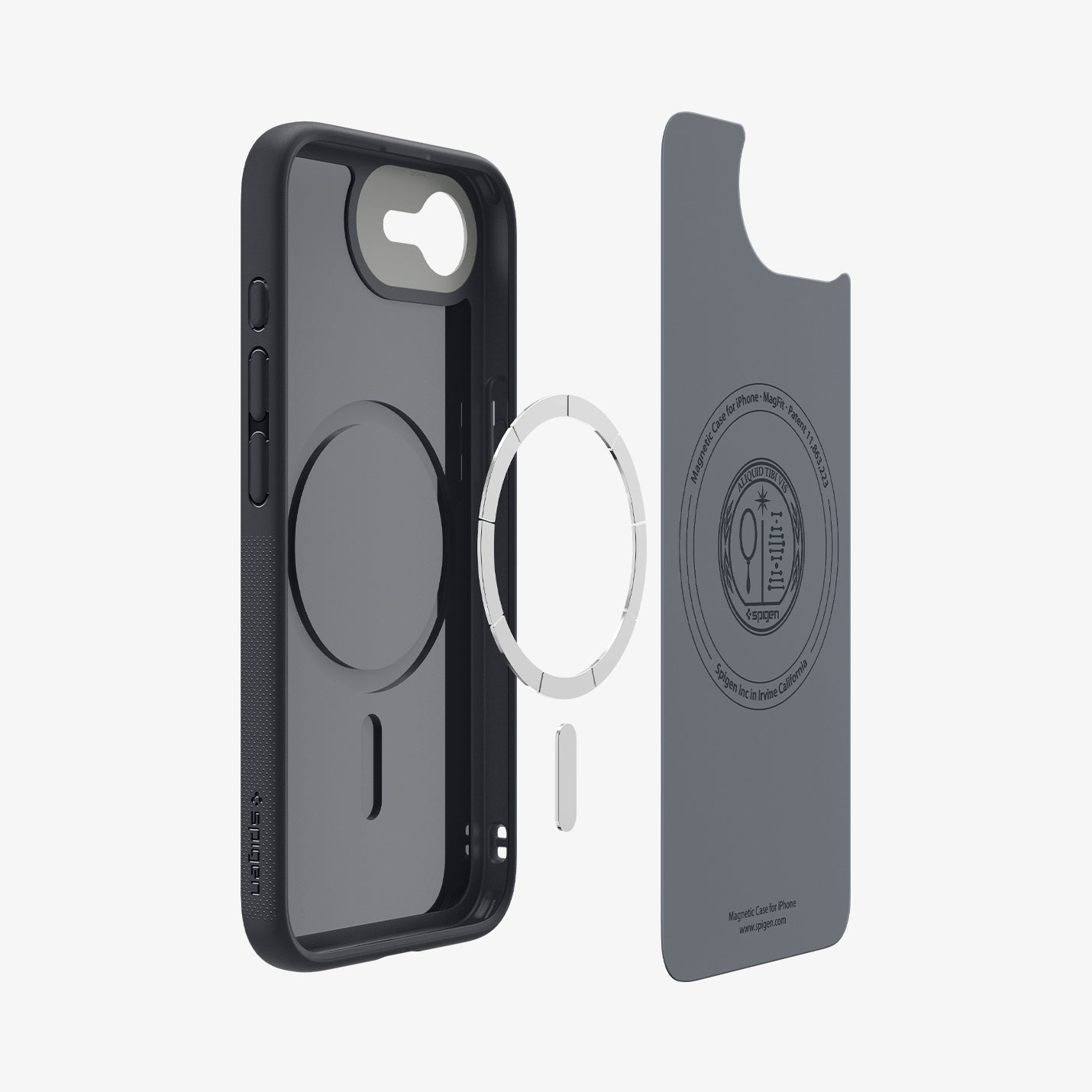 ACS09155 - iPhone 16e Case Nano Pop (MagFit) in Black Sesame showing the inner hovering in front of the detached metal ring and the case