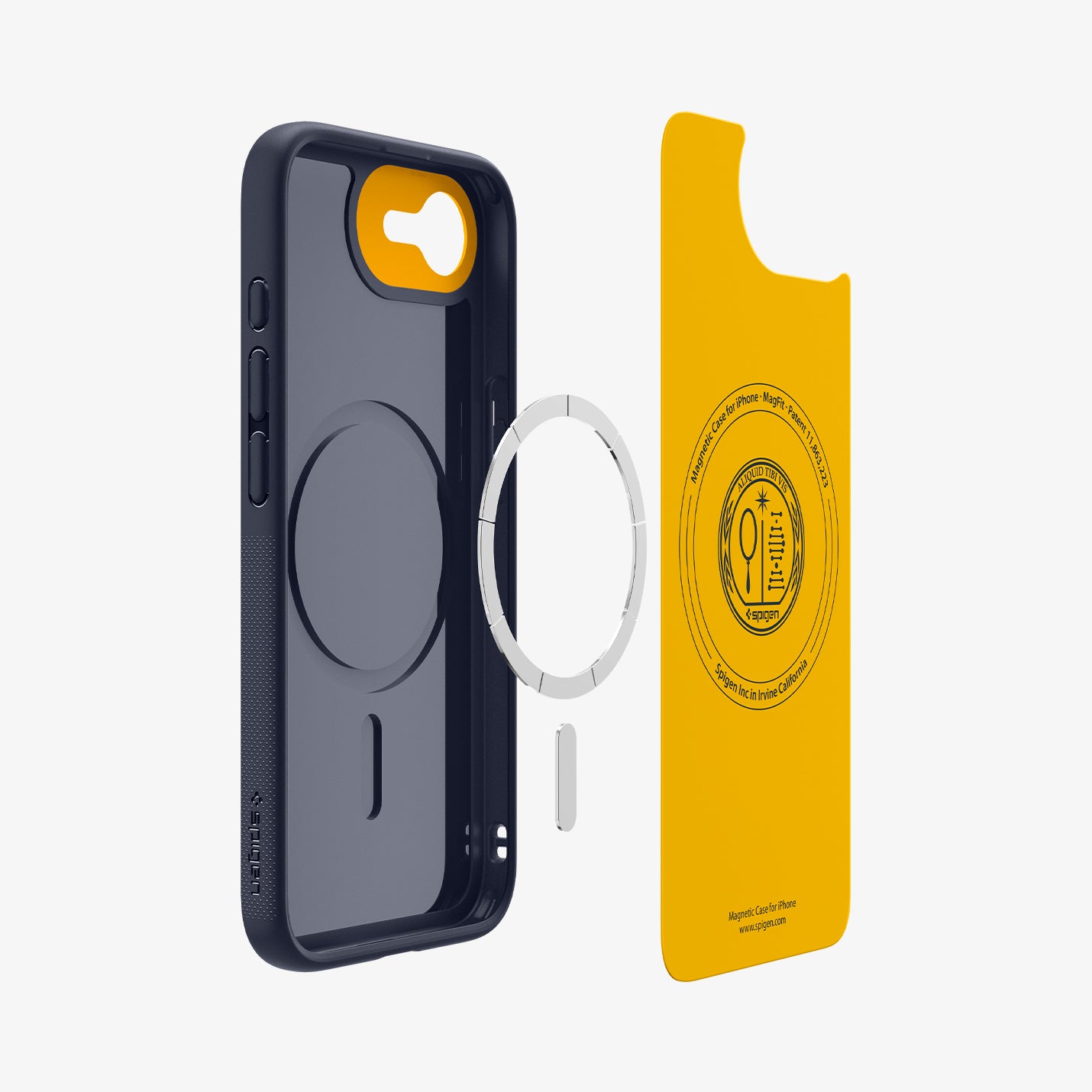 ACS09154 - iPhone 16e Case Nano Pop (MagFit) in Blueberry Navy showing the inner hovering in front of the detached metal ring and the case