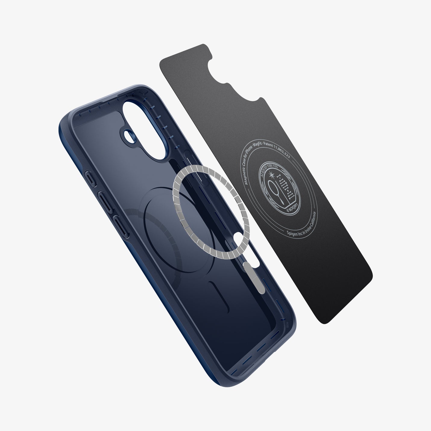 ACS08061 - iPhone 16 Plus Case Thin Fit (MagFit) in Navy Blue showing the inner layer hovering from detached magnet ring plate and the case