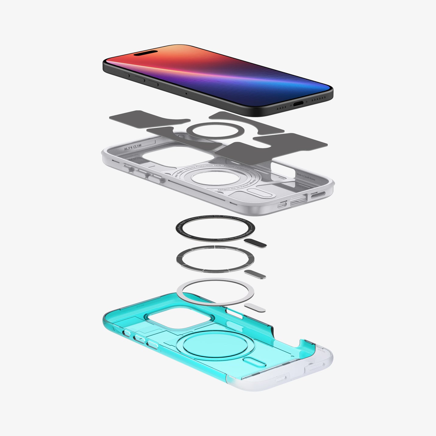 ACS08153 - iPhone 16 Pro Case Classic C1 (MagFit) in Bondi Blue showing the device hovering above the detached inner layer, back case, metal ring plate and back cover of the case