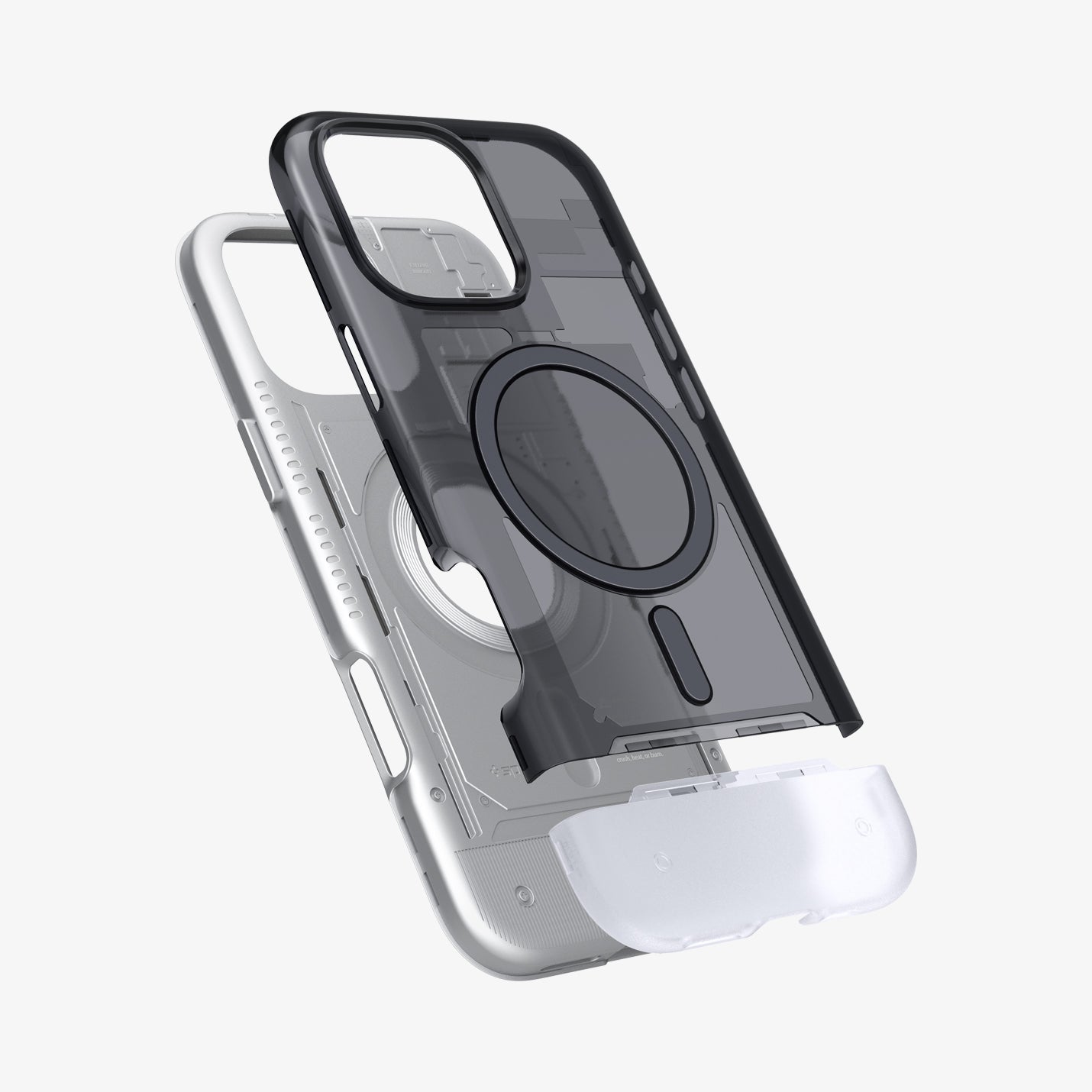 ACS08152 - iPhone 16 Pro Case Classic C1 (MagFit) in Graphite showing the back cover, partially hovering in front of the detached back of the case