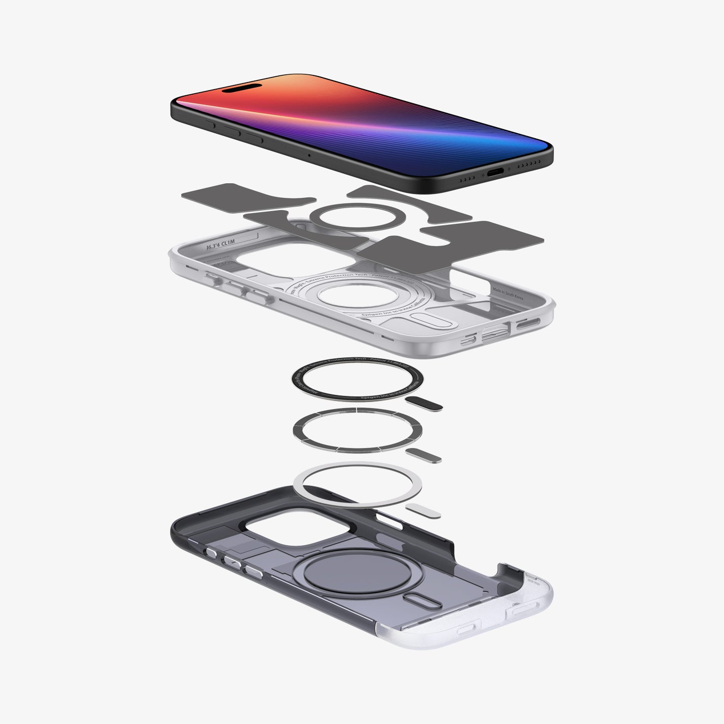 ACS08152 - iPhone 16 Pro Case Classic C1 (MagFit) in Graphite showing the device hovering above the detached inner layer, back case, metal ring plate and back cover of the case