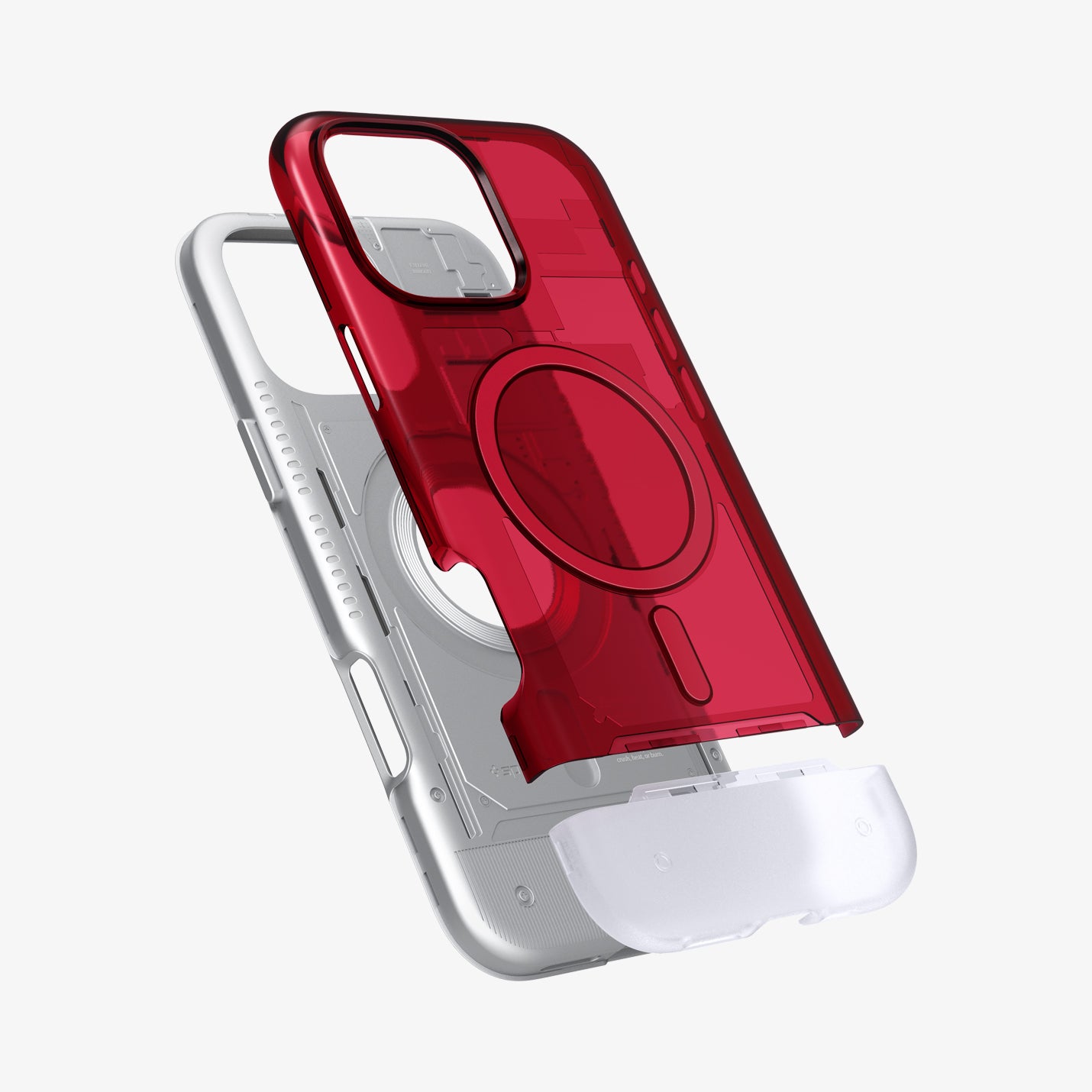 ACS08154 - iPhone 16 Pro Case Classic C1 (MagFit) in Ruby showing the back cover, partially hovering in front of the detached back of the case