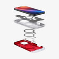 ACS08154 - iPhone 16 Pro Case Classic C1 (MagFit) in Ruby showing the device hovering above the detached inner layer, back case, metal ring plate and back cover of the case