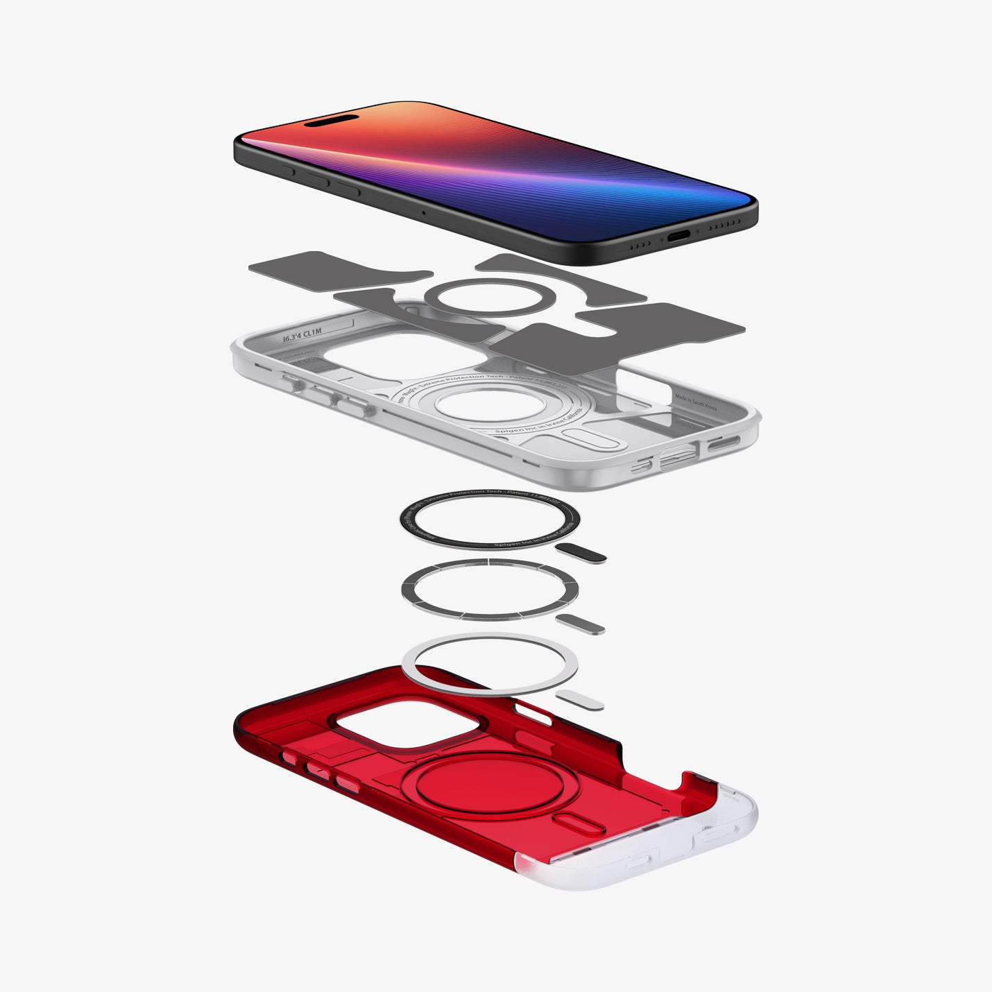 ACS08154 - iPhone 16 Pro Case Classic C1 (MagFit) in Ruby showing the device hovering above the detached inner layer, back case, metal ring plate and back cover of the case
