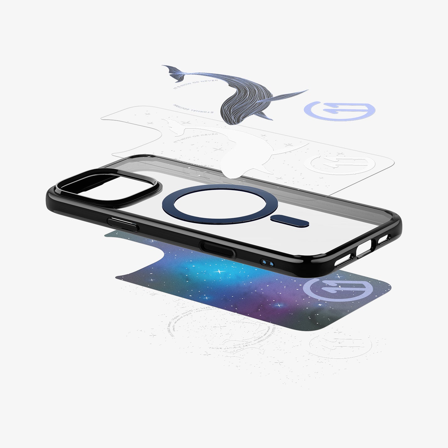 ACS09302 - iPhone 16 Pro Case c11 Series Eternal Edition (MagFit) in Eternal showing the detached design hovering above the back layer of the case, back case and the inner layer of the case
