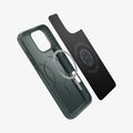 ACS08109 - iPhone 16 Pro Case Thin Fit (MagFit) in Abyss Green showing the inner layer hovering from detached magnet ring plate and the case