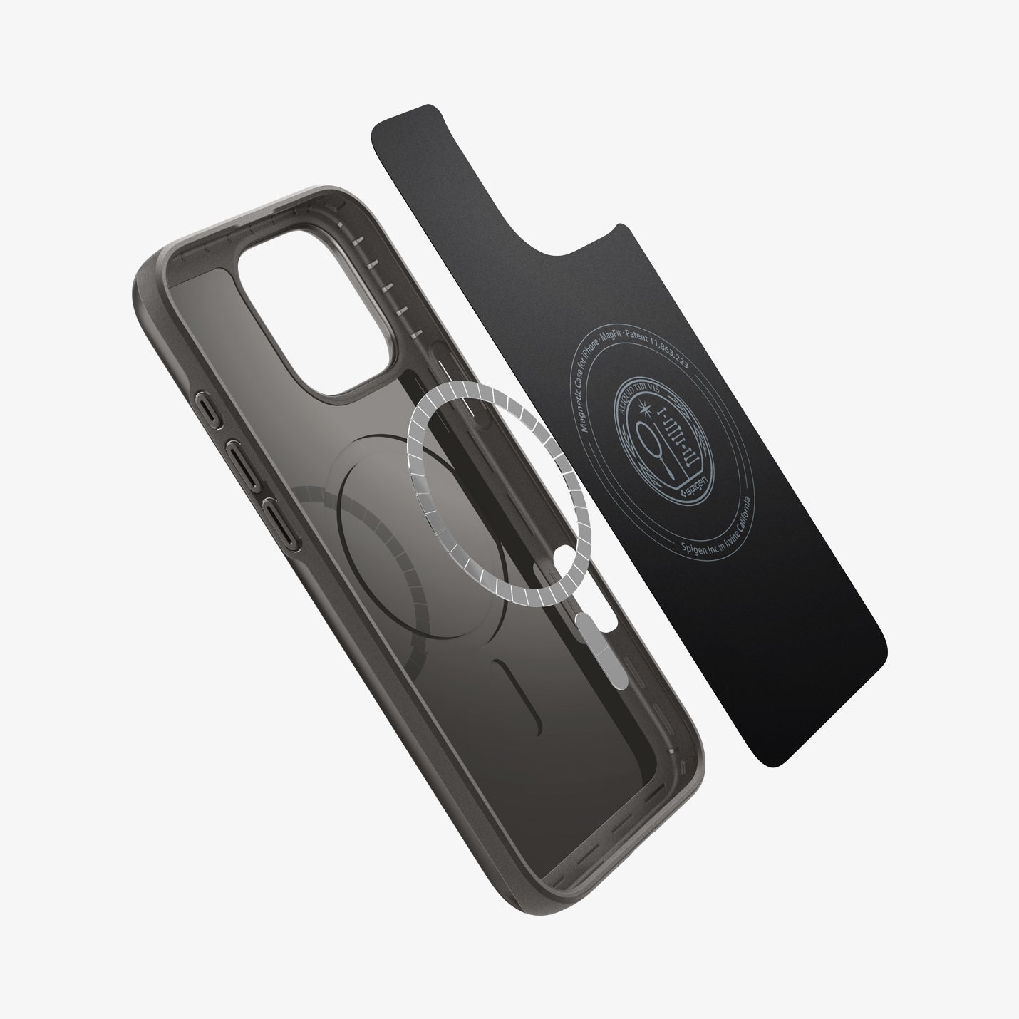 ACS08107 - iPhone 16 Pro Case Thin Fit (MagFit) in Gunmetal showing the inner layer hovering from detached magnet ring plate and the case