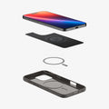 ACS08107 - iPhone 16 Pro Case Thin Fit (MagFit) in Gunmetal showing the device hovering above the detached inner layer, metal ring plate and the case