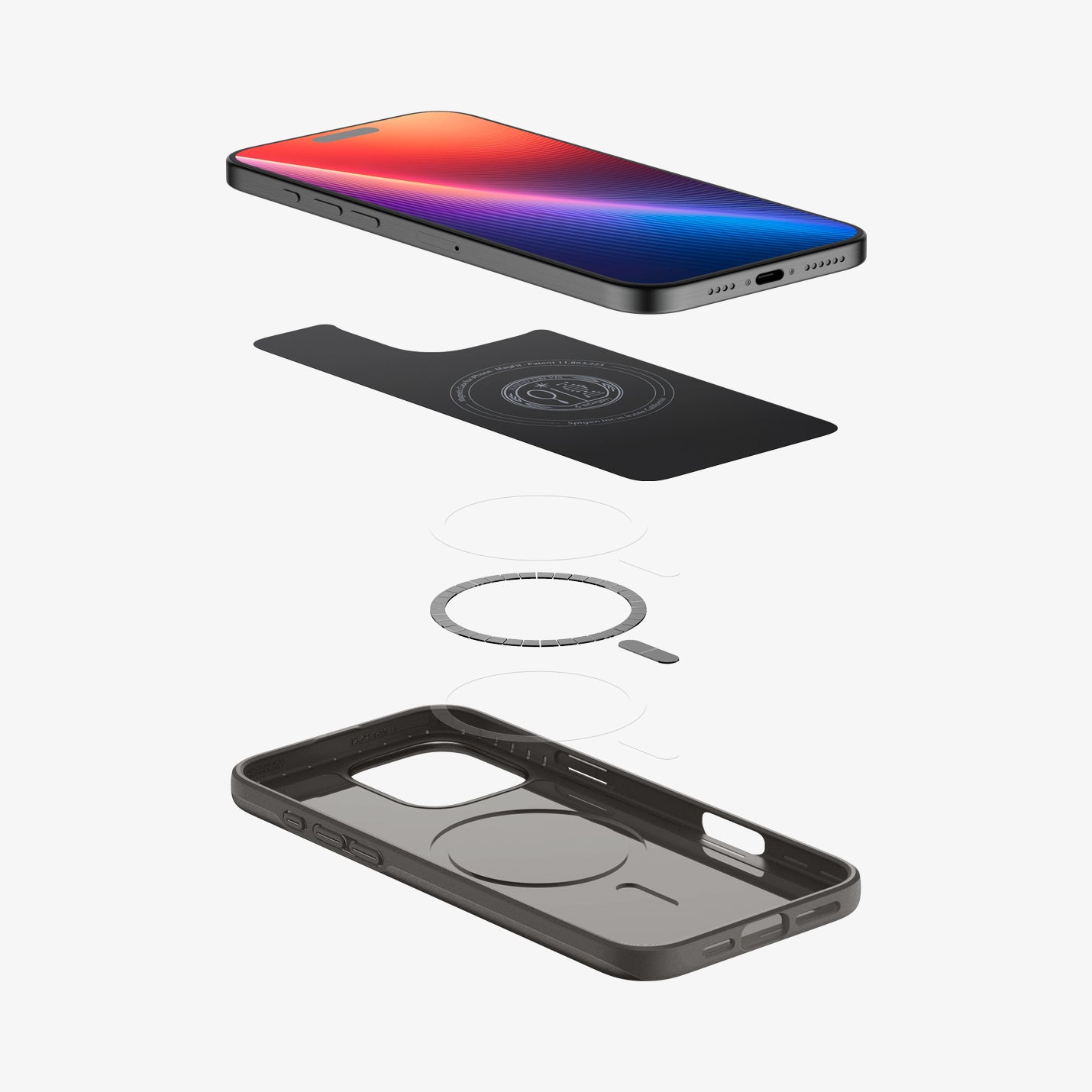 ACS08107 - iPhone 16 Pro Case Thin Fit (MagFit) in Gunmetal showing the device hovering above the detached inner layer, metal ring plate and the case