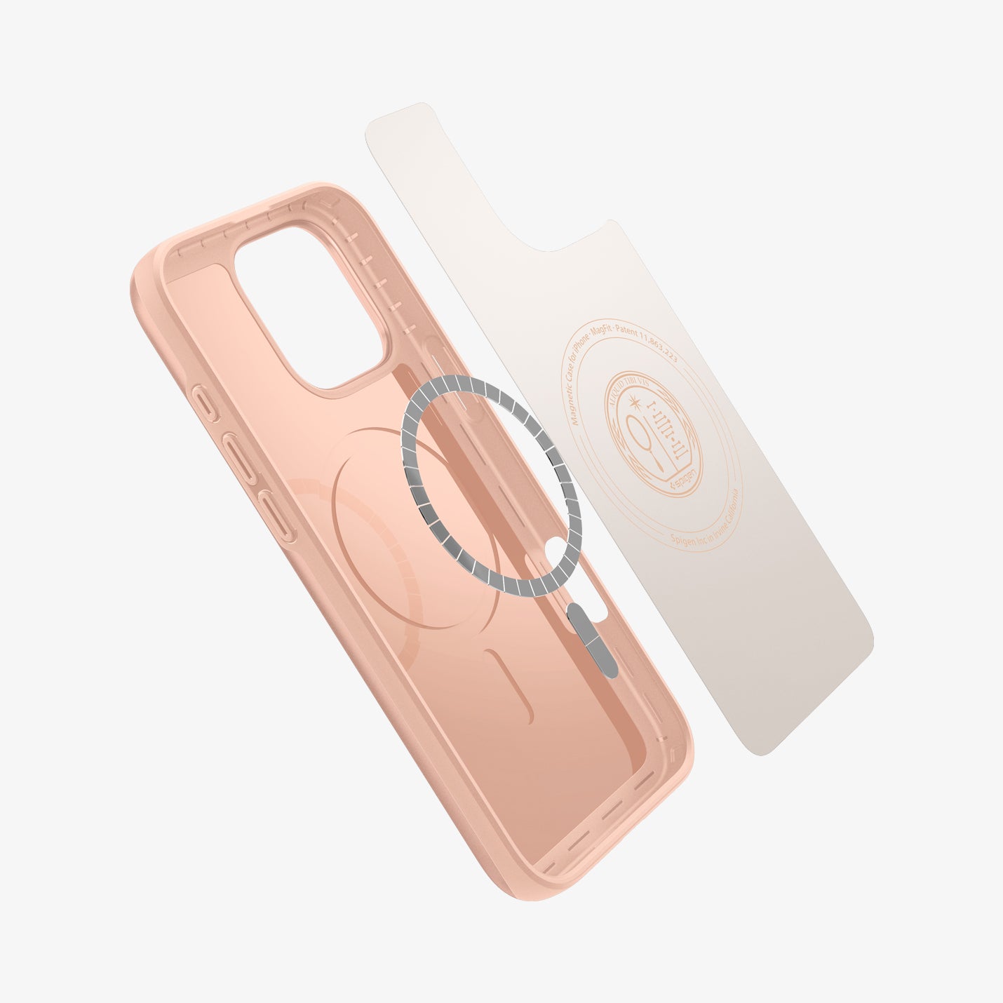 ACS08691 - iPhone 16 Pro Case Thin Fit (MagFit) in Rose Titanium showing the inner layer hovering from detached magnet ring plate and the case