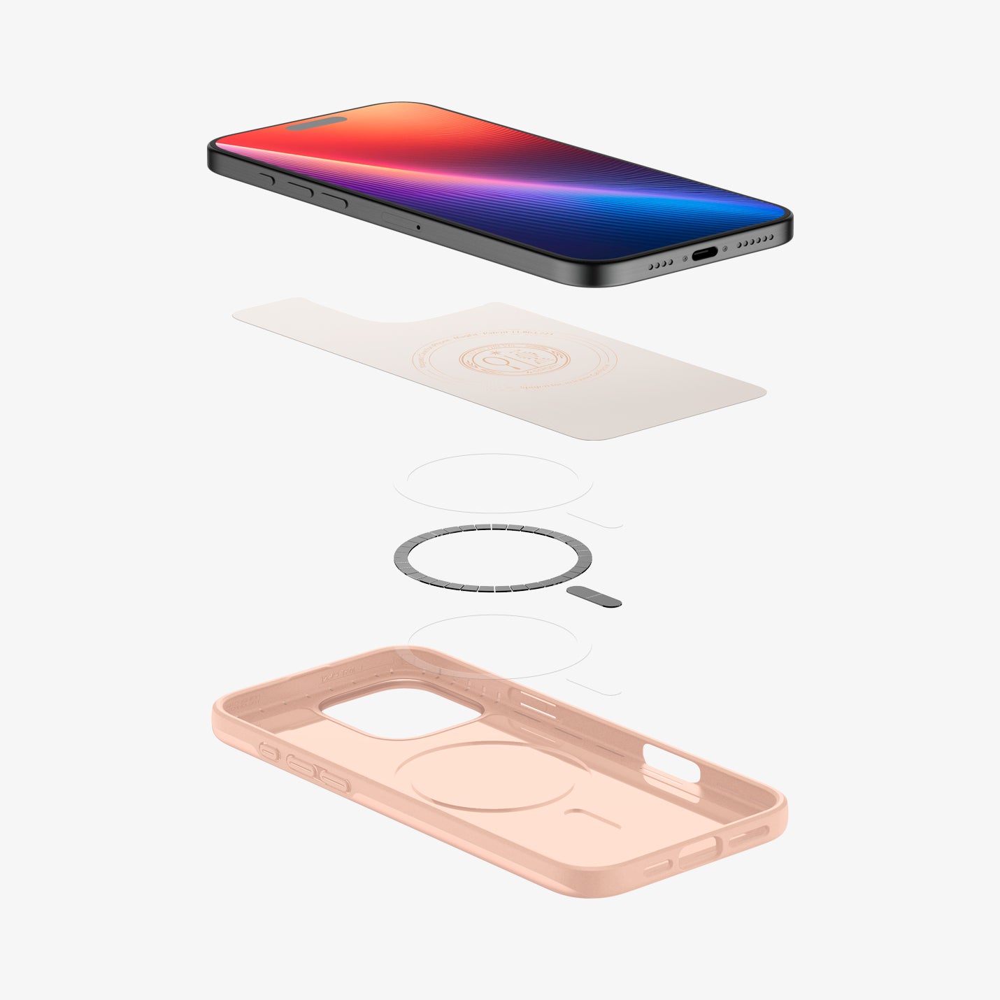 ACS08691 - iPhone 16 Pro Case Thin Fit (MagFit) in Rose Titanium showing the device hovering above the detached inner layer, metal ring plate and the case
