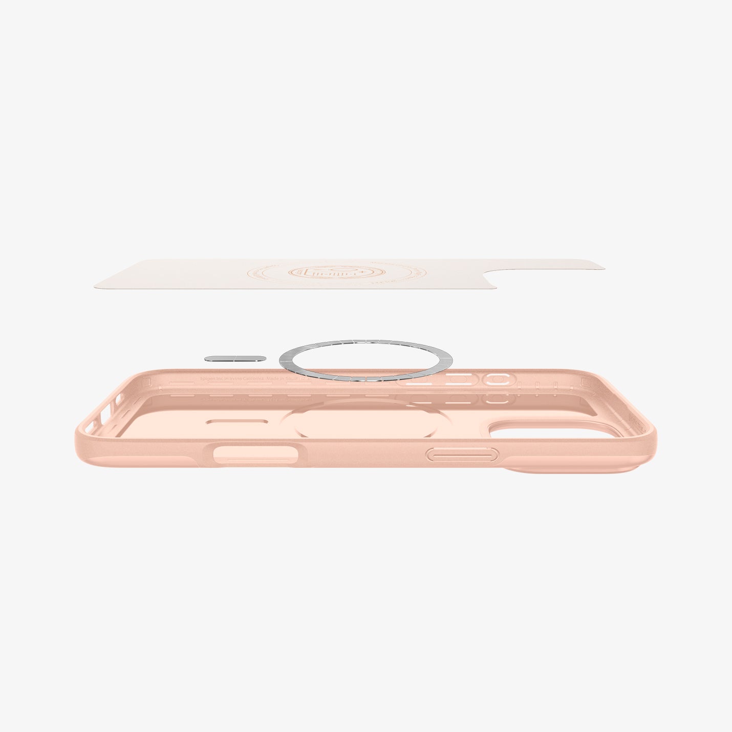 ACS08691 - iPhone 16 Pro Case Thin Fit (MagFit) in Rose Titanium showing the inner layer hovering above the detached magnet ring plate and the case