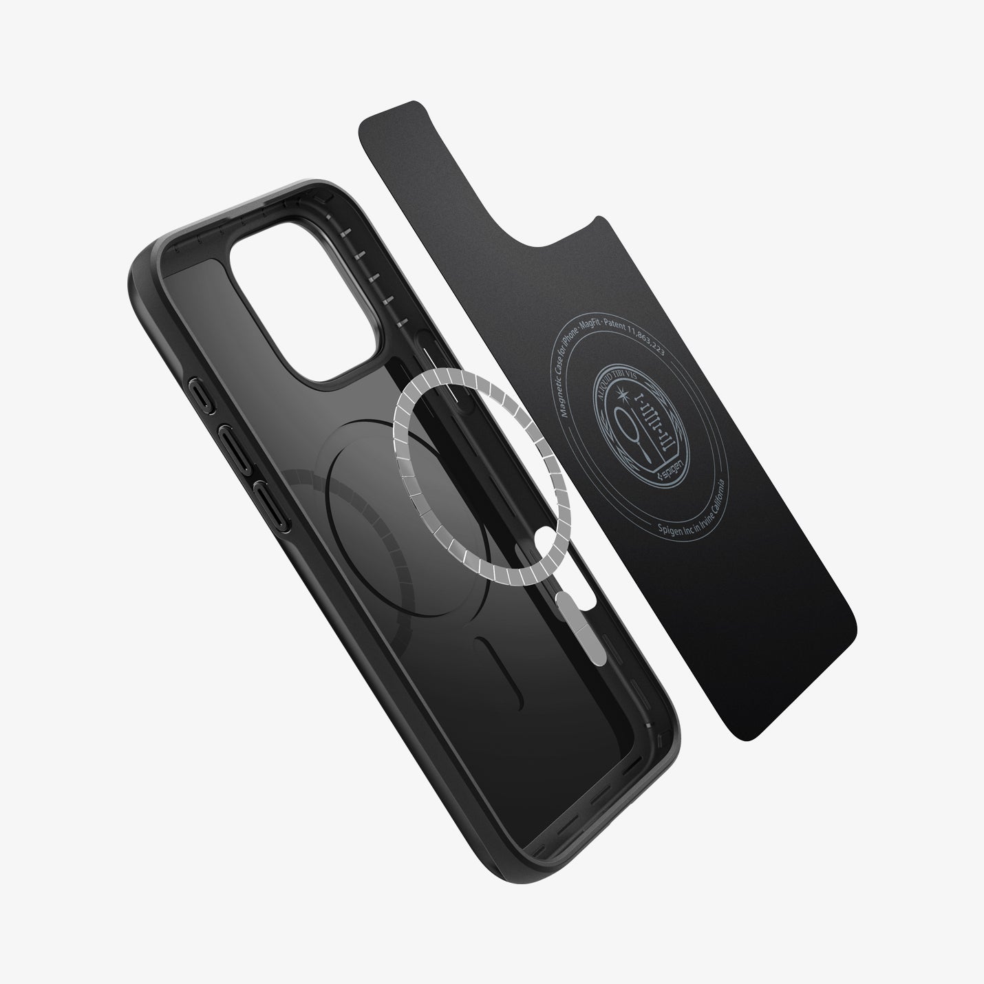 ACS07978 - iPhone 16 Pro Max Case Thin Fit (MagFit) in Black showing the inner layer hovering from detached magnet ring plate and the case