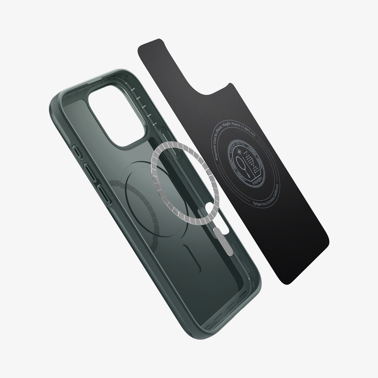 ACS07981 - iPhone 16 Pro Max Case Thin Fit (MagFit) in Abyss Green showing the inner layer hovering from detached magnet ring plate and the case