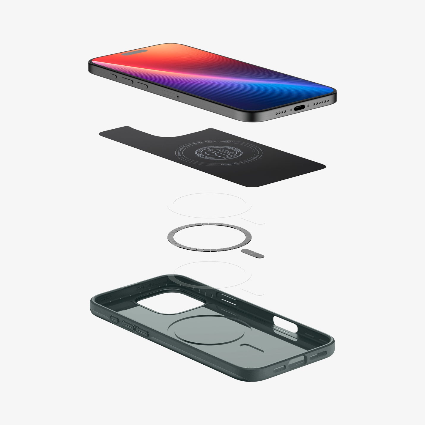 ACS07981 - iPhone 16 Pro Max Case Thin Fit (MagFit) in Abyss Green showing the device hovering above the detached inner layer, metal ring plate and the case