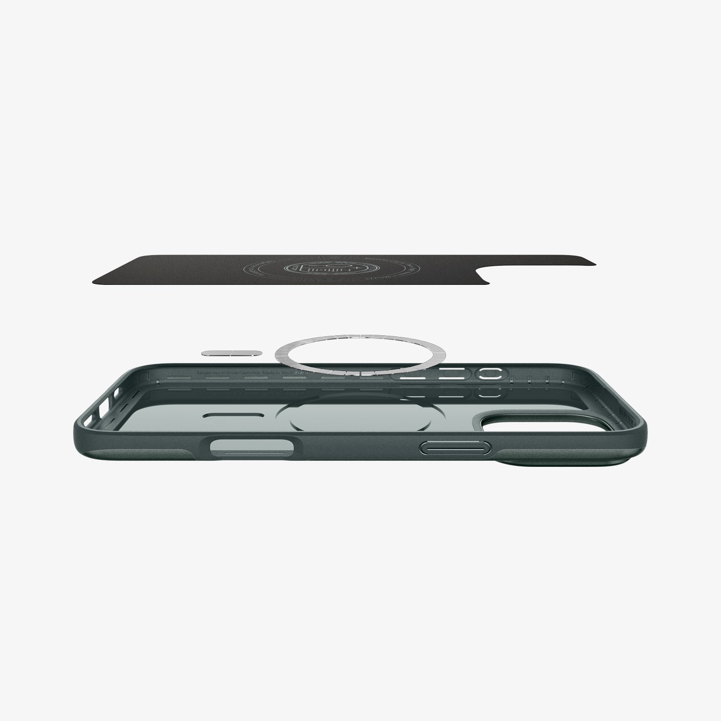 ACS07981 - iPhone 16 Pro Max Case Thin Fit (MagFit) in Abyss Green showing the inner layer hovering above the detached magnet ring plate and the case