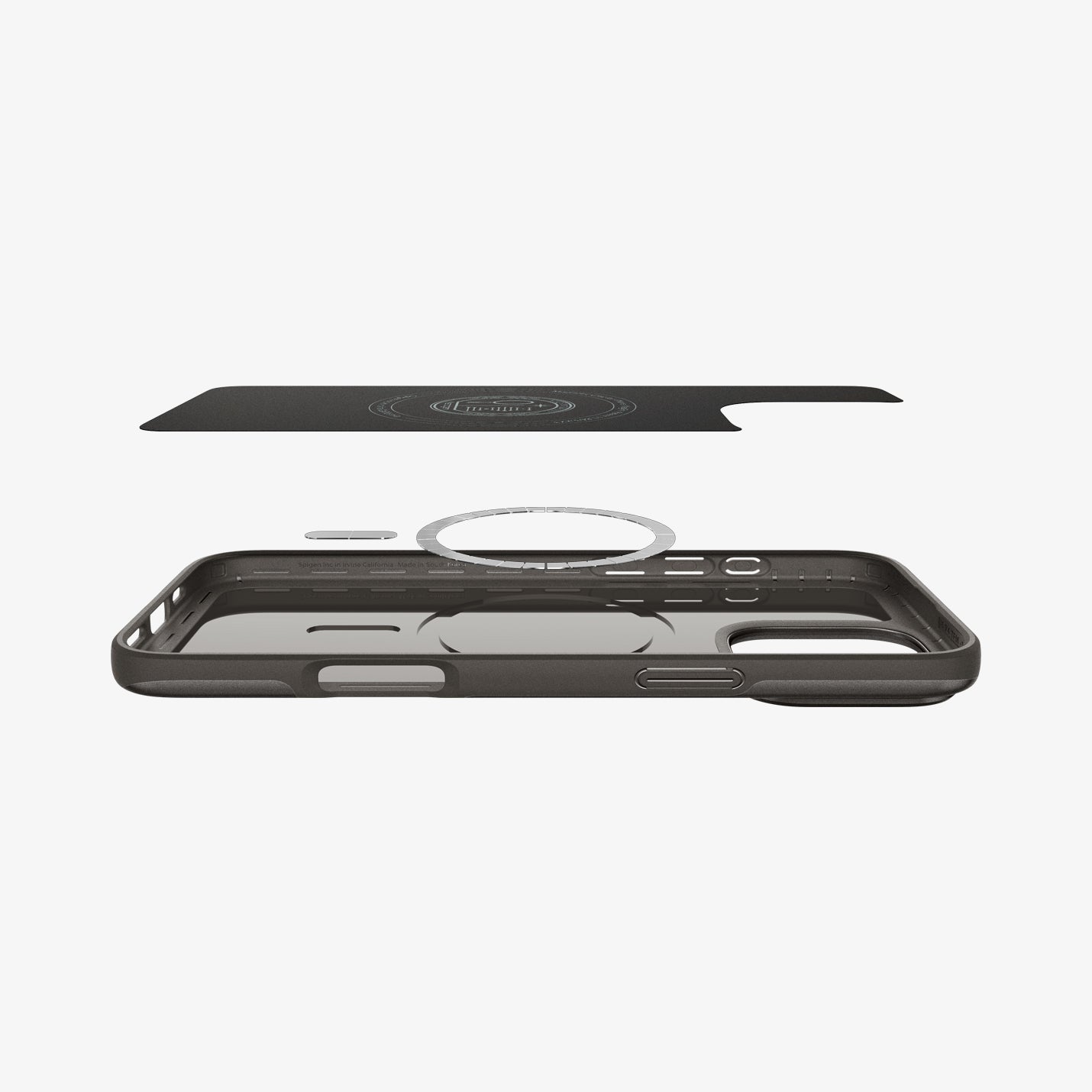 ACS07979 - iPhone 16 Pro Max Case Thin Fit (MagFit) in Gunmetal showing the inner layer hovering above the detached magnet ring plate and the case