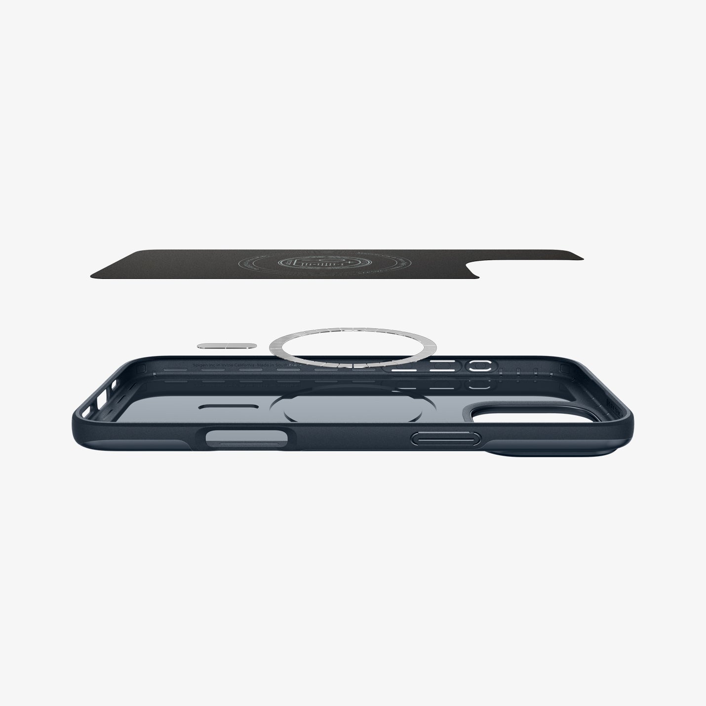 ACS07980 - iPhone 16 Pro Max Case Thin Fit (MagFit) in Metal Slate showing the inner layer hovering above the detached magnet ring plate and the case