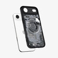 ACS10058 - iPhone 17 Air Ultra Hybrid Zero One (MagFit) in Zero One Black showing the front of layer hovering above the magfit magnet plate and the case