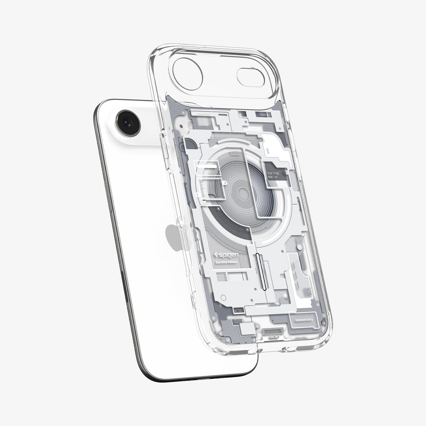 ACS10056 - iPhone 17 Air Ultra Hybrid Zero One (MagFit) in Zero One White showing the front of layer hovering above the magfit magnet plate and the case