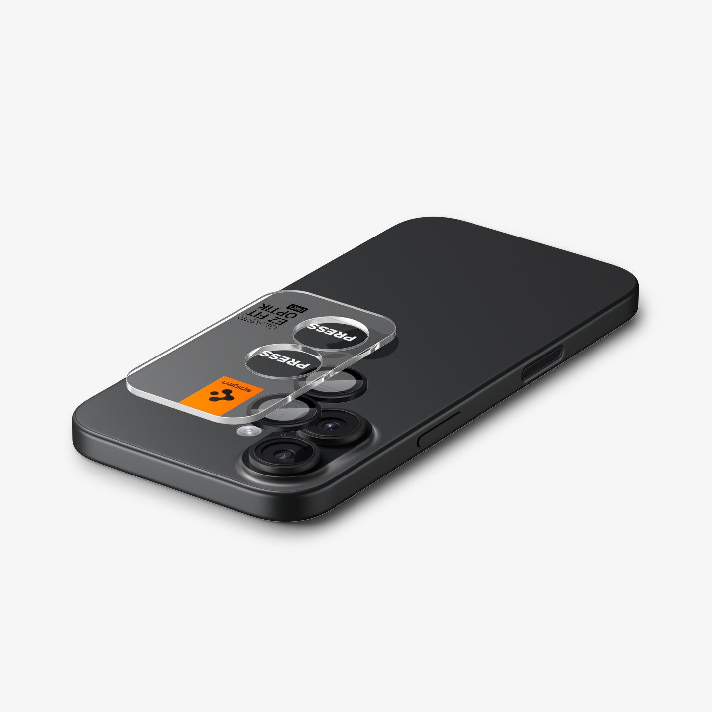 AGL07921 - iPhone 17 Optik Pro EZ Fit Lens Protector in black showing the ez fit tray hovering above the device
