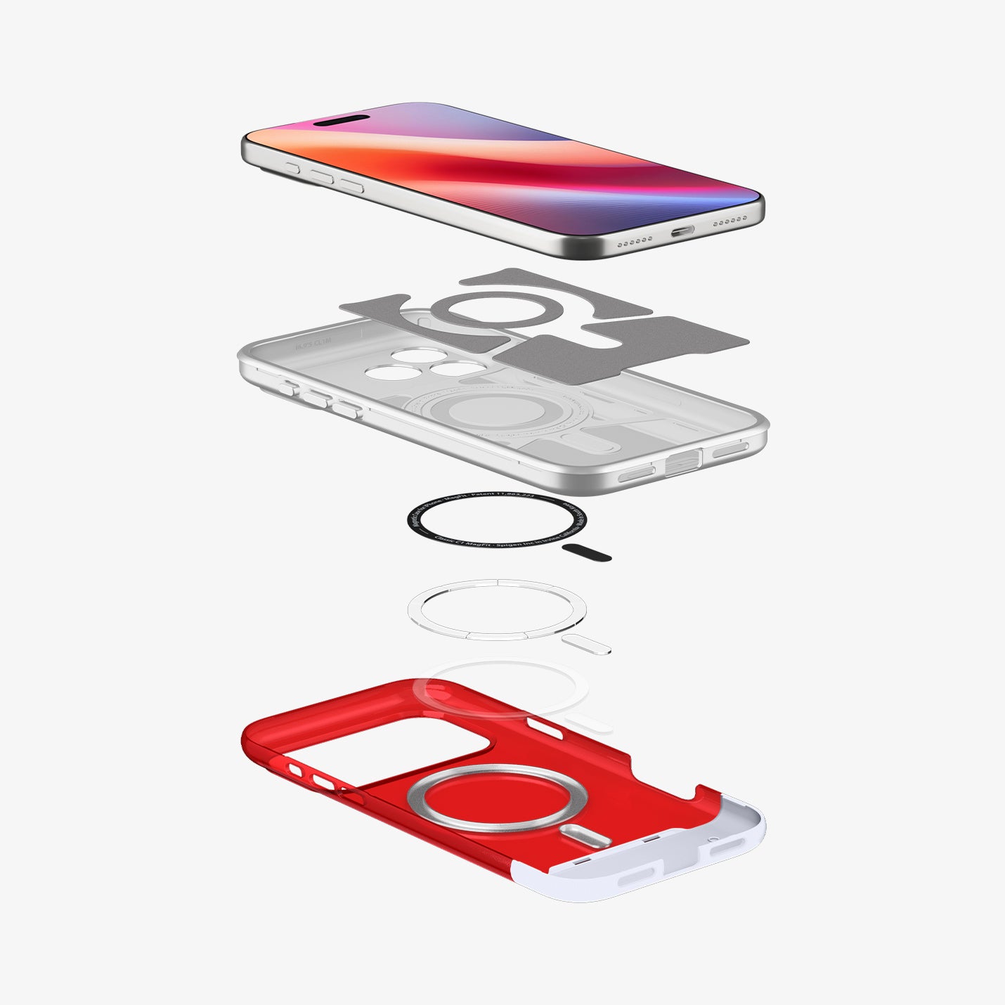 ACS09962 - iPhone 17 Pro Case Classic C1 (MagFit) in ruby showing the layers of case hovering below the device