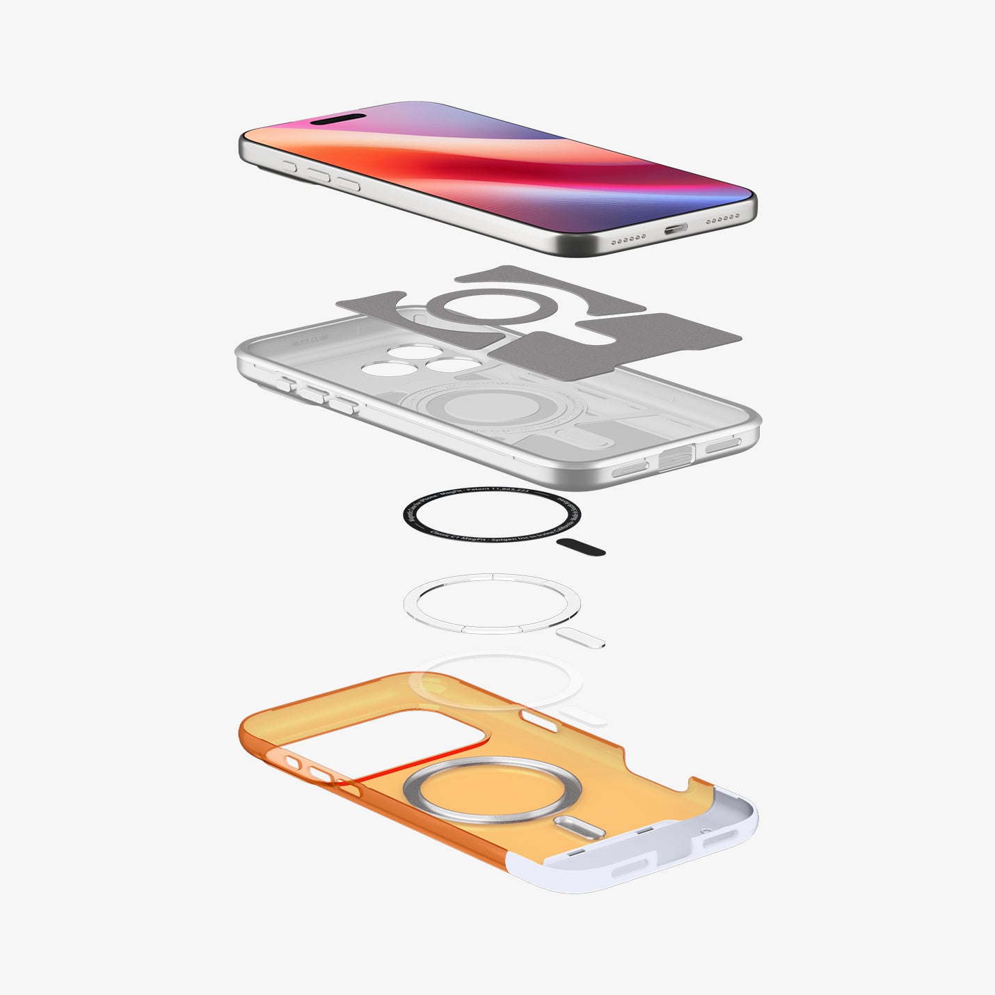 ACS09963 - iPhone 17 Pro Case Classic C1 (MagFit) in tangerine showing the layers of case hovering below the device
