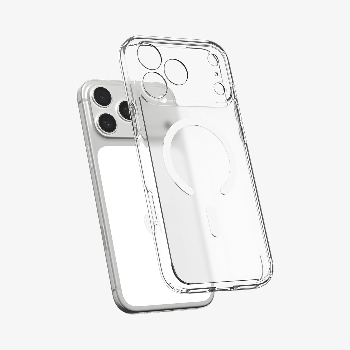 ACS10039CC - iPhone 18 Pro Max / iPhone 17 Pro Max Ultra Hybrid (MagFit) in Frost White showing the front of layer hovering above the magfit magnet plate and the case