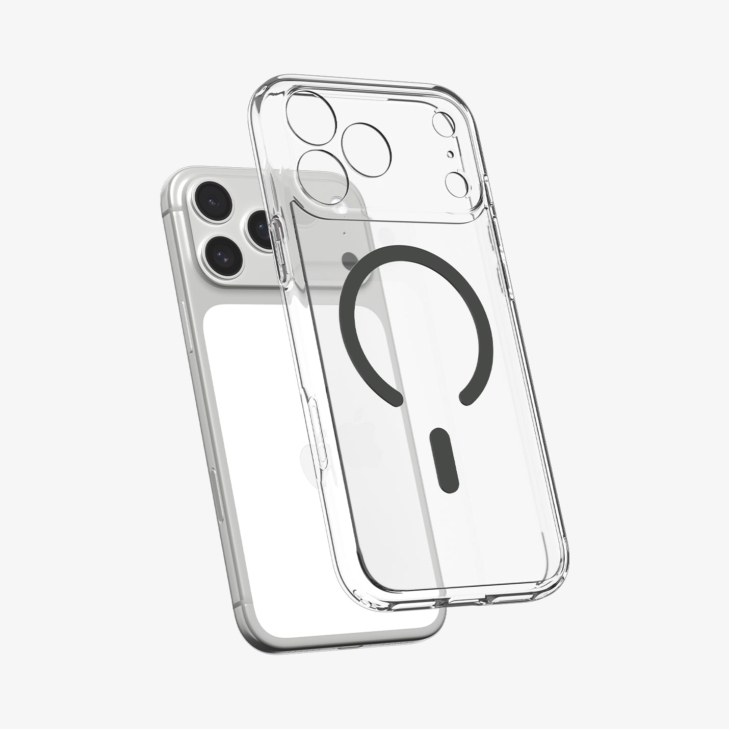 ACS10036 - iPhone 17 Pro Max Ultra Hybrid (MagFit) in Clear Graphite showing the front of layer hovering above the magfit magnet plate and the case