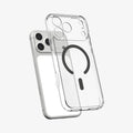 ACS10036CA - iPhone 18 Pro Max / iPhone 17 Pro Max Ultra Hybrid (MagFit) in Clear Graphite showing the front of layer hovering above the magfit magnet plate and the case
