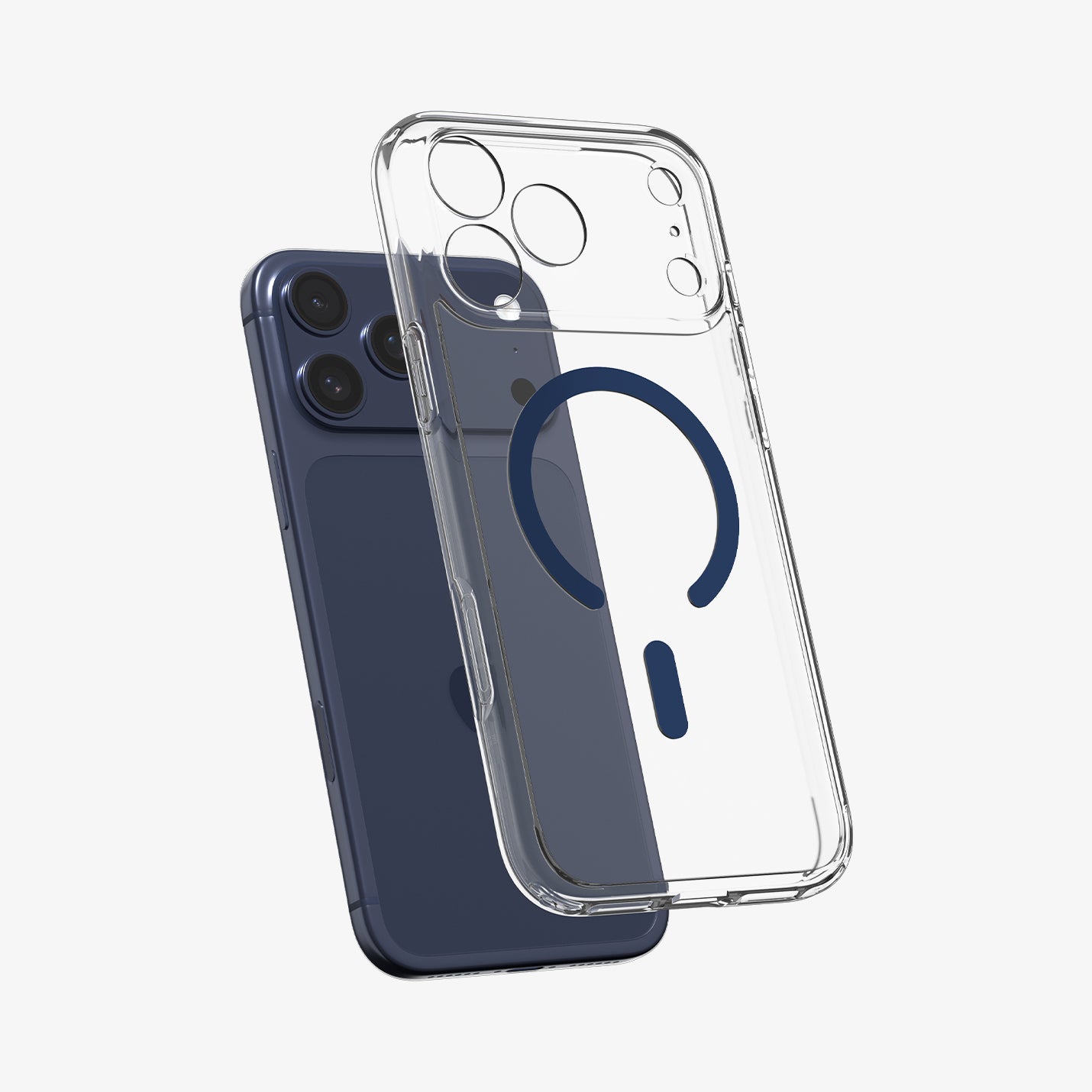 ACS10954 - iPhone 17 Pro Ultra Hybrid (MagFit) in Clear Deep Blue showing the front of layer hovering above the magfit magnet plate and the case