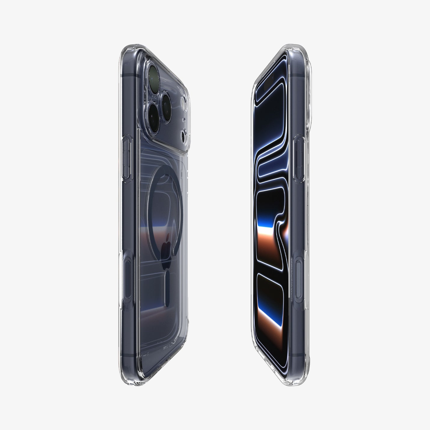 ACS10954 - iPhone 17 Pro Ultra Hybrid (MagFit) in Clear Deep Blue showing magfit magnet from back and front