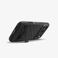 ACS09911CB - iPhone 18 Pro Max / iPhone 17 Pro Max Parallax S (Mag Fit) in Matte Black showing the device propped up by built in kickstand