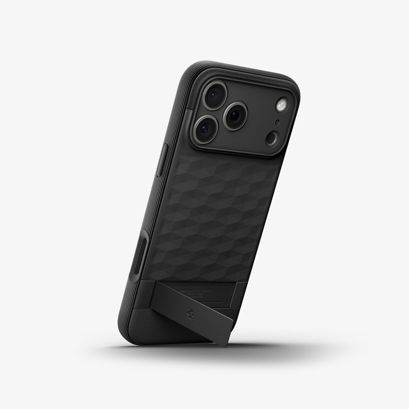 ACS09964 - iPhone 17 Pro Series Case Parallax S (MagFit) in black showing the device propped up by built in kickstand