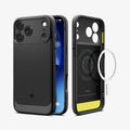 ACS09940CC - iPhone 18 Pro / iPhone 17 Pro Rugged Armor (MagFit) in Matte Black showing the back, partial sides, front, inner of the case and metal ring plate hovering in front
