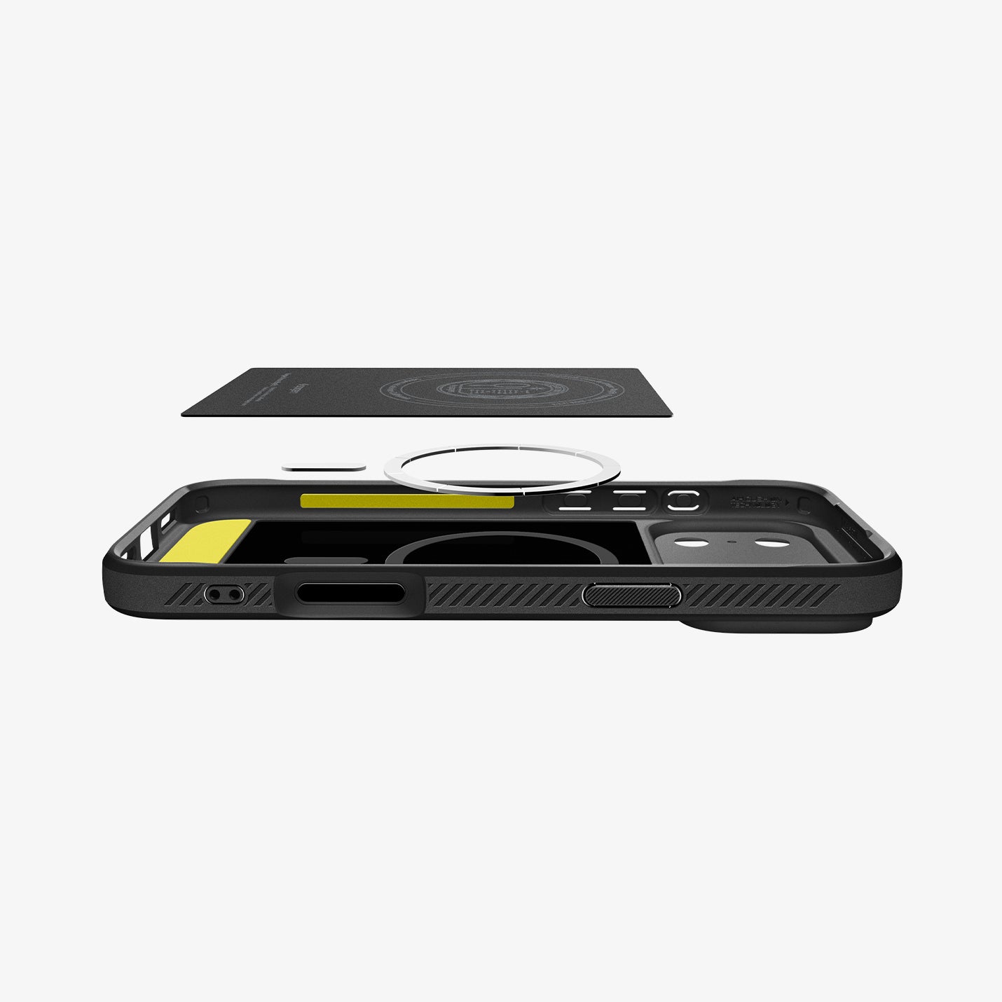 ACS09940CC - iPhone 18 Pro / iPhone 17 Pro Rugged Armor (MagFit) in Matte Black showing the detached inner soft layer cover hovering above the detached metal ring plate and the inner of the case