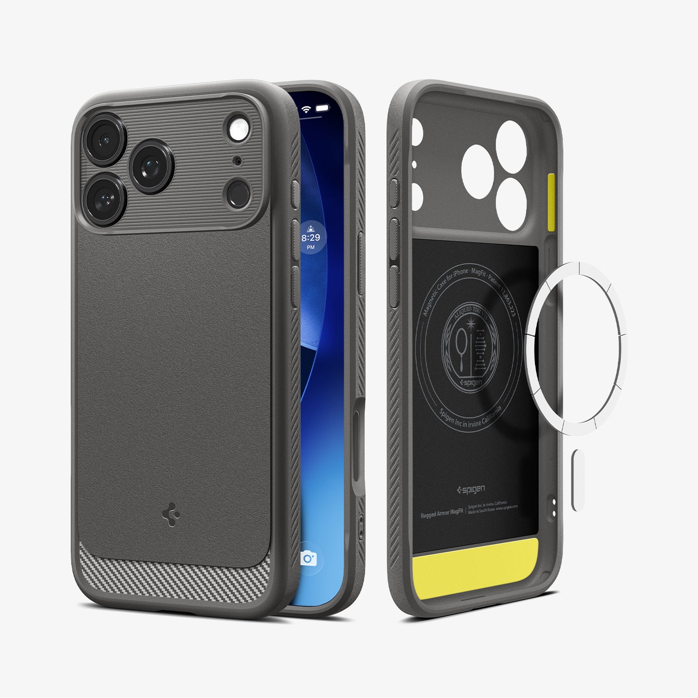 ACS09887 - iPhone 17 Pro Max Rugged Armor (MagFit) in Gray showing the back, partial sides, front, inner of the case and metal ring plate hovering in front