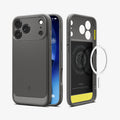 ACS09941CA - iPhone 18 Pro / iPhone 17 Pro Rugged Armor (MagFit) in Gray showing the back, partial sides, front, inner of the case and metal ring plate hovering in front